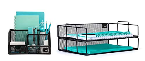 Mindspace Office Desk Organizer with 6 Compartments + 2 Tier Stackable Letter Tray | The Mesh Collection, Black