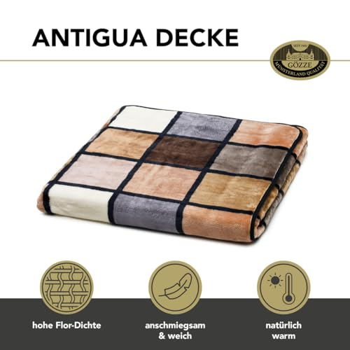 Gözze - Weiche Kuscheldecke, Cashmere Feeling, Hohes Stoffgewicht 500 g/m², Antigua, 150 x 200 cm - Taupe/Creme/Schoko