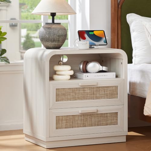 Image of LEYAOYAO Rattan Night Stand with Charging Station, Grey White | 23.6 inch Curved 2 Drawers Nightstand with Storage Shelf & Solid Handle, Boho Bedside Tables for Bedroom, Living Room