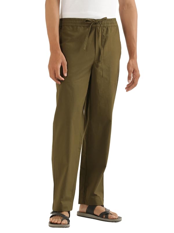 Image of SAADAA Men's 100% Cotton Pants | Mid-Rise Straight Fit Casual Trousers with Elastic Waistband and 3 Pockets | Everyday Wear
