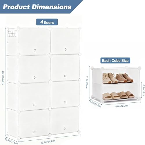 Image of DUMOS 8-Tier Shoe Storage Cabinet with Door, Stackable, 32 Pairs, White | Dust-proof door with airflow holes, fits closets, entryways, hallways & bedrooms, waterproof PP panels, side hooks included