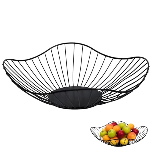 Zykphao Black Metal Fruit Bowl Basket - Large Rust-Resistant Wire Fruit Holder for Kitchen Counter Modern Home Decor & Table Centerpiece (Shallow)