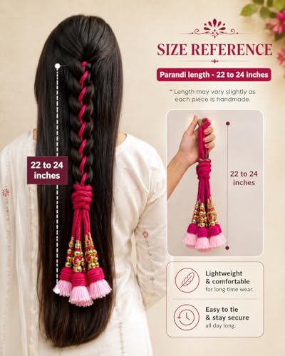 Image of Zippy Flora Rani Cotton Parandi (Pink) | Handmade Boho Parandi | Traditional Hair Accessory with Braid Tassles & Shells | Hair Extension | Choti for Curly & Straight Hair | 22 Inches Length