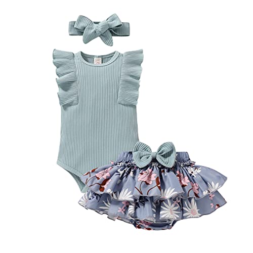 Image of Tiny Cutey Baby Girl Clothes Infant Summer Outfits Set Ruffle Sleeve Romper and Floral Shorts with Headband