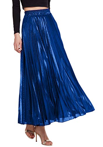 OMZIN Women's Metallic Shiny Accordion Pleated Long Maxi Party Skirt Navy Blue XL