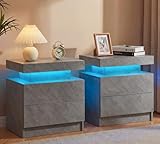i-aplus Grey Night Stand Set 2 Modern Bedside Tables with 2 Drawers Bedroom Night Stands Set of 2 LED Night Stand for Bedroom