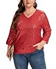 Kyzoeyou XL-5XL Plus Size Sequin Blouses T-Shirt Womens Glitter Tops Fully Body Sparking Sequins V Neck Lined 3/4 Sleeve Casual Nights Out Wear (Red 4XL) #4