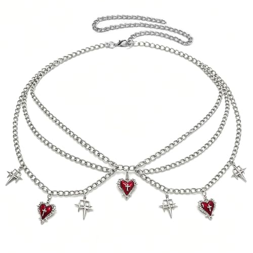 Wloisc Thorn Heart Waist Chain Belt - Punk Gothic Crossover Body Belly Chains Tassel for Women Girl (Red Heart)