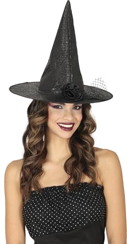 FIESTAS GUIRCA | Sombrero de Bruja Simil Piel con Flor - Gorro para Disfraz de Bruja en Halloween y Fiestas de Disfraces - Accesorio Ideal para Mujer Adulta - Negro