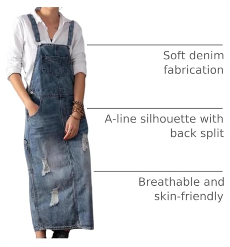 Image of Yoeasy Women's Distressed Denim Overall Dress - Adjustable Strap Pinafore A-Line Mid Long Jean Bib