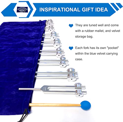 Chakra Tuning Forks Set For Healing, 7 Chakra+1 Soul Purpose Weighted Tuning Forks With Rubber Mallet,Velvet Storage Bag, Aluminum Alloy, Silver,(126.22 Hz, 136.1 Hz, 141.27 Hz, 172.06 Hz Etc) #TOP2