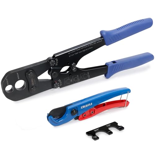 OURU PEX Crimping Tool for Copper Rings 1/2' & 3/4', Plumbing Tool Kit with Tubing Cutter and Go/No-Go Gauge, Meets ASTM F1807 Standard