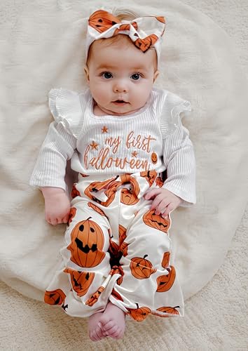 My First Halloween Outfit Newborn Baby Girl Outfits Pumpkin Long Sleeve Ribbed Romper Flare Pant Headband 3Pcs3