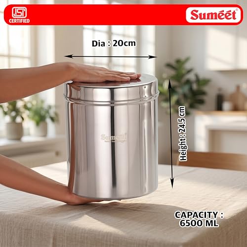 Image of Sumeet Stainless Steel Large Dabba /Canisters /Vertical Storage Container for Kitchen, 20cm Dia - 6500ml - (5.7Kg to 6.3Kg Approx)