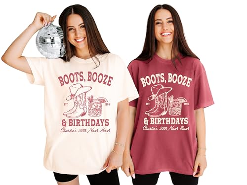 Nashville Birthday Shirts, Unisex 30th Birthday Shirts For Women and Men, 21st 30th 40th 50th 60th 70th Custom Birthday Party T-Shirt, Boots Booze & Birthdays Bars Shirt - Main Image