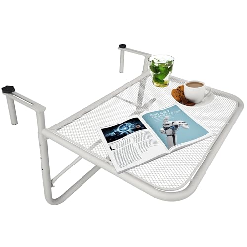 Outsunny Tavolo da Ringhiera Altezza Regolabile a 3 Livelli, Tavolino Sospeso da Balcone Salvaspazio in Metallo, 60x56.5x45cm, Bianco