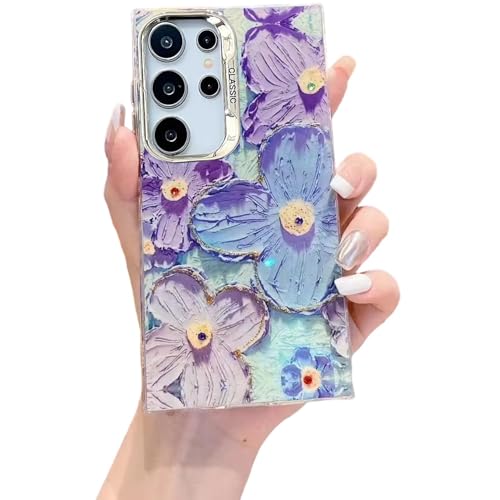 Image of Elzzi Compatible with Samsung S25 Ultra 5G Case Laser Flower Oil Painting Cute Colorful Blue Ray Bumper with Full Camera Protection Shockproof PC+TPU Glossy Shiny Cover for Girls Women,Green
