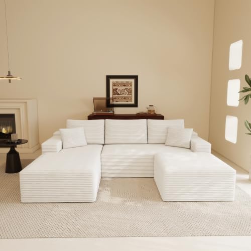 Image of 104 inch U-Shaped Modular Sectional Sofa, Corduroy Boneless Couch, White | Cloud Luxury Comfort, Oversized Sofa, Deep Seat, Couches for Living Room, No Assembly Required