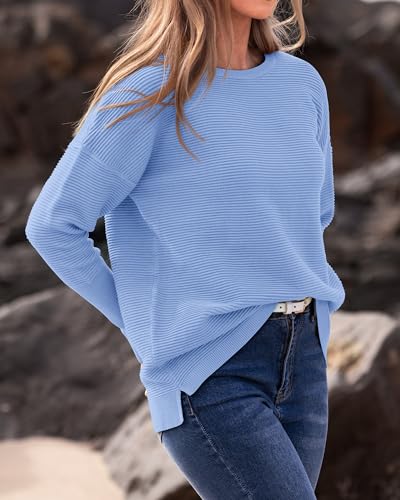 BTFBM Fall Sweaters for Women 2025 Casual Long Sleeve Sweater Striped Loose Fit Pullover Tops