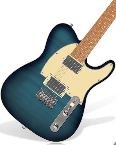 AKLOT Modern TL Electric Guitar – Dual Humbucker with Coil Split, Roasted Maple Neck & Flame Maple Top, Locking Tuners, Beginner & Intermediate Guitar, Storm Blue