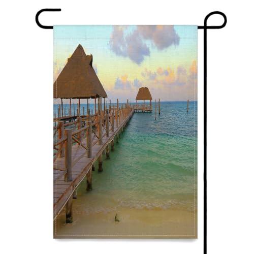 Sunset Garden Flags Double Sided Yard Flags,Gazebo Palapa Spa In Cancun Beach At Sunset,Caribbean,Outdoor Flag,Farmhouse Flags,Holiday Garden Decorations 12x18 Inch