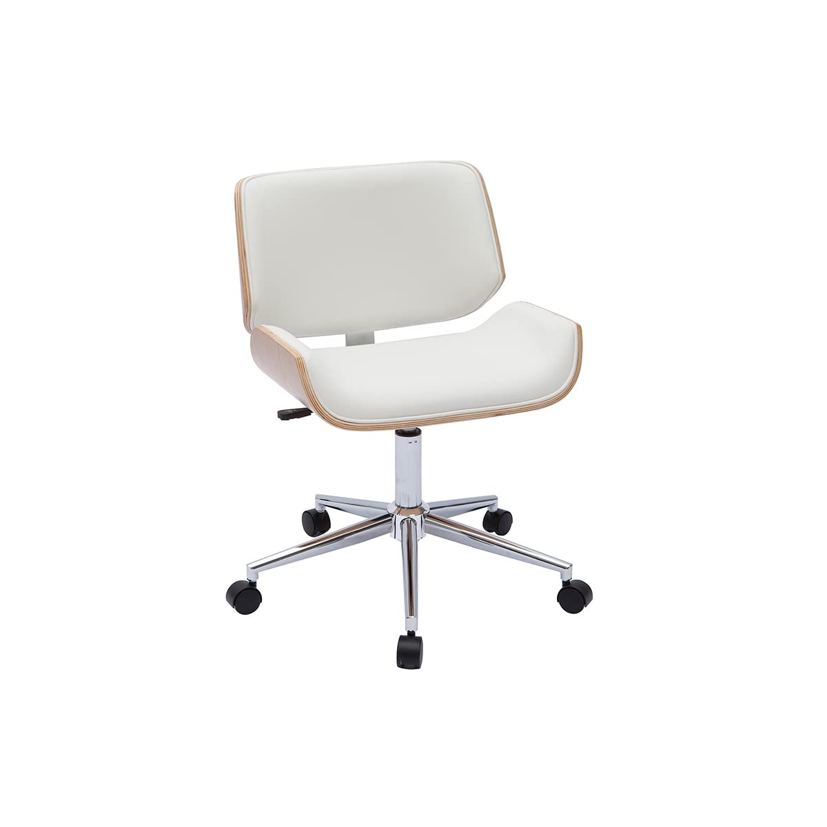 Miliboo - Silla de oficina con ruedas, diseño blanco, madera clara y acero cromado RUBBENS