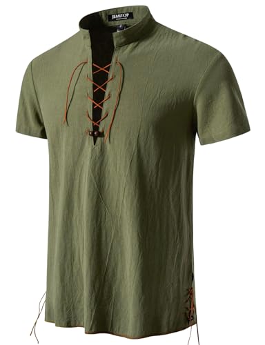 JEMITOP Men's Retro Renaissance Costume Short Sleeve Lace Up Shirts for Pirate Viking Medieval Vampire Halloween Cosplay Clothing Army Green M