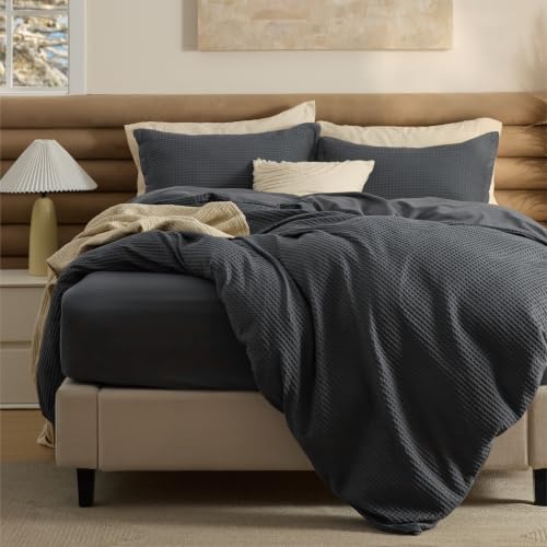 Image of Bedsure Cotton Waffle Duvet Cover with Fitted Sheet, King, Charcoal Black | Waffle Texture, Breathable, Skin-Friendly, OEKO-TEX Certified, Good Housekeeping Seal, All-Season, Machine Washable