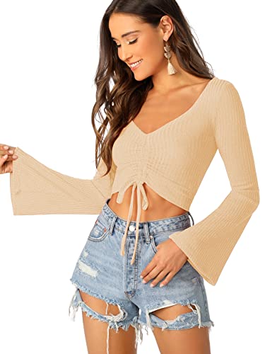 Image of SweatyRocks Women's Adjustable Drawstring String Long Bell Sleeve Rib Knit Sexy Crop Top