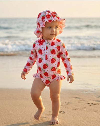 Yhnslsf Baby Swimsuit Girl 12-18 Months Toddler Bathing Suit Girl Strawberry Pink Long Sleeve One-Piece Zipper Rash Guard Ruffle Swimwear with Hat Toddler Swimsuit Girls 18 Month Beach Essentials