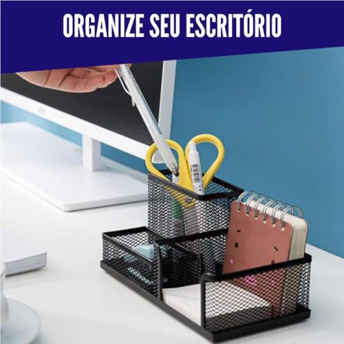 Kit Porta Caneta Organizador de Mesa Escritório Metal Aramado Com Divisórias Para Clips Lápis Bloco