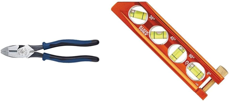 Klein Tools J213-9NE Side Cutter Linemans Pliers, 9-Inch & 935AB4V 6-Inch Magnetic Torpedo and Conduit Level, Orange