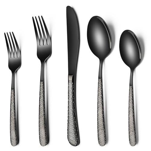 Black Hammered Silverware Set, 40-Piece Stainless Steel Heavy Duty Flatware Set for 8, Food-Grade Tableware Cutlery Set, Utensil Sets for Home Restaurant, Mirror Finish, Dishwasher Safe