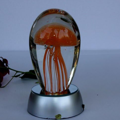Hand blown glass - Jellyfish Paperweight , Glow in the Dark Glass with Multi-color Light Base ( (ORANGE)