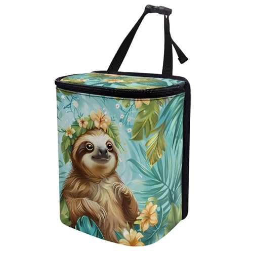 Image of Talayituse Sloth Leaf Print Car Trash Can Portable Auto Garbage Bin Multifunctional Vehicle Interior Accessories with Adjustable Straps Universal Fit Truck SUV Sedan