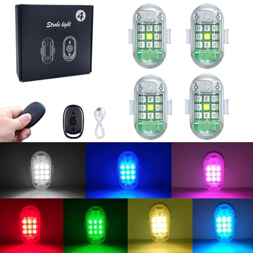 High Brightness Wireless LED Strobe Light,7 Colors USB Rechargeable Flashing Lights,Wireless LED Strobe Drone Lights,for Remote Control Drone,Motorcycle,Car,Bike (4Pack)