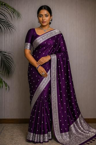 Image of Women's Glory Kanjivaram Banarasi Silk Saree with Polka Dot Embroidery Blend Woven Zari with Jacquard Woven Unstitched Blouse Piece.