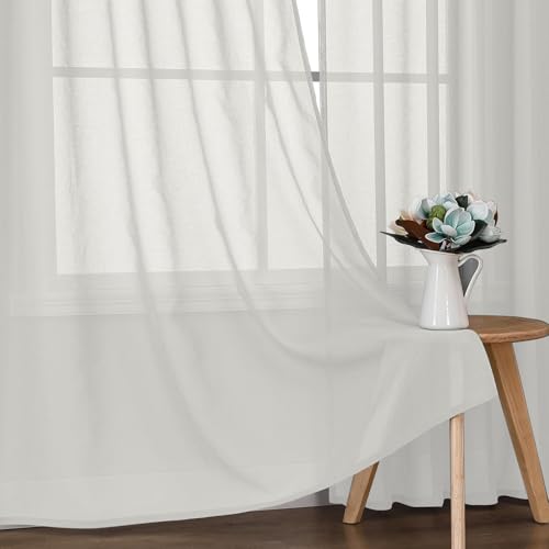 Joydeco Gardinen mit Ösen Transparente 2er Set, Optik Gardine Voile Ösenvorhang Ösenschal Durchsichtig Vorhang Kurz für Schlafzimmer Wohnzimmer Schlaufenschal (Weiß, 2xH145xB140)