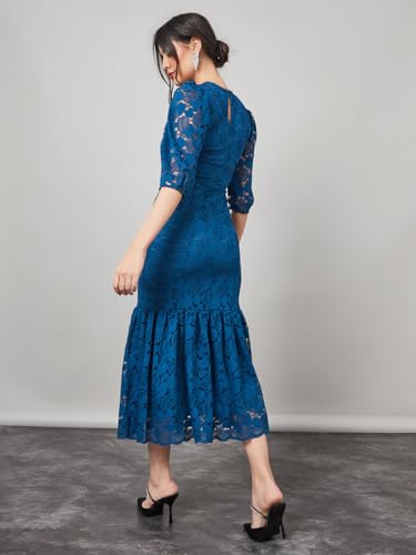Image of Styli Women Self Design Lace Bodycon Midi Dress | Elegant One Piece Dress for Women | Stylish Outfit for Party, Casual & Everyday Wear