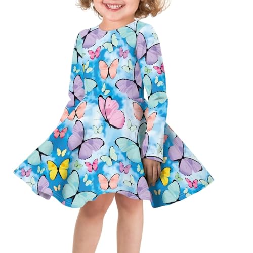 HUIACONG Colorful Butterfly Girls Long Sleeve Dress Blue Sky Toddler Casusl Dresses 5/6 T A-line Twirly Skater Dress for School Party Fancy Dance Dress3