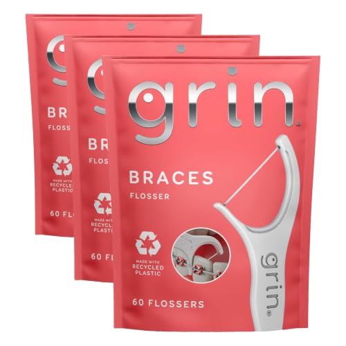 Image of GRIN Braces Flosser, Floss Picks Designed for Braces, 60 Count, Dental Flossers, Recycled Plastic, Ortho Approved, Premium Thin Floss, Includes Handy Wax Scraper and Pick (Pack of 3)