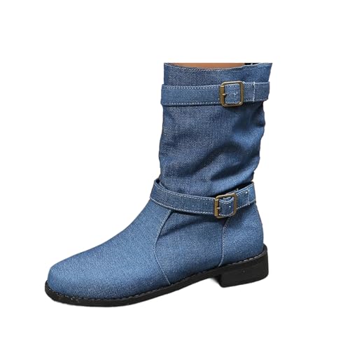 Denim Booties for Women Denim Round Toe Boots for Women with Buckle Casual Short Boot Pull On Low Heel Boots