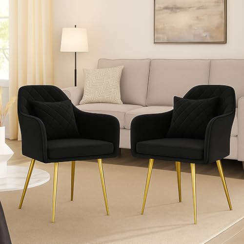 Image of Velvet Chair with Floral Pillow for Home | Modern Accent Armchair in Soft Velvet Fabric with Golden Legs | Set of 2 Premium Accent Chair for Living Room Bedroom (Barfi Dark Grey)