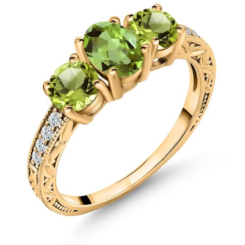 Gem Stone King 1.92 Cttw Green Peridot 18K Yellow Gold Plated Silver Ring | Gemstone Birthstone | Oval 7X5MM and Round 5MM | Available In Size 5, 6, 7, 8, 9