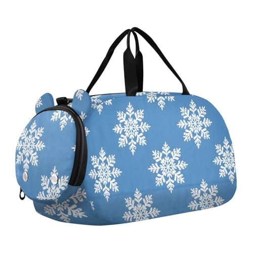 Duffle Bag for Boys or Girls with Shoes Compartment, Snowflake White Blue Snowflake Sports Travel Bag Overnight
