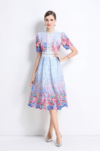 Image of LAI MENG FIVE CATS Women's Lace Floral Short Sleeve Crochet Waist Cocktail Midi Dress