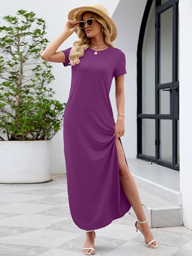 Image of Heymoments Womens Summer Maxi Dress Short Sleeve Casual Loose Long T Shirt Split Vacation Beach Sundress with Pockets