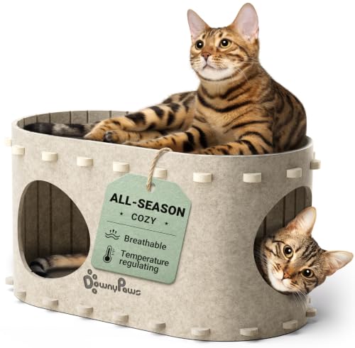 DownyPaws Cat House for Indoor Cats Cat Bed Cave for Multiple & Large Cats Up to 22 Lbs Scratch Resistant Foldable Peekaboo Kitten Caves Tunnel Enclosed Bed PeekaPurr Cream