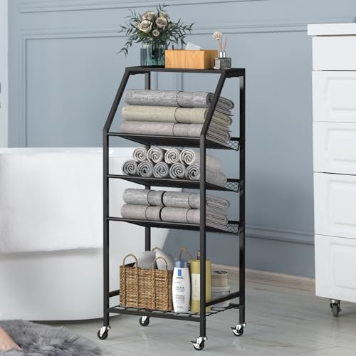 5-Tier Free Standing Towel Racks for Bathroom, Floor Towels Holder Stand, Metal Pool Towel Storage Organizer for Home, Poolside, Ideal for Bathroom, Kitchen, Laundry, Storage, Organization, Black
