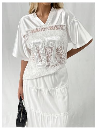 GORGLITTER Women's Floral Lace Jersey Shirts Graphic Y2k Satin Silky V Neck Half Sleeve Tee Tops4